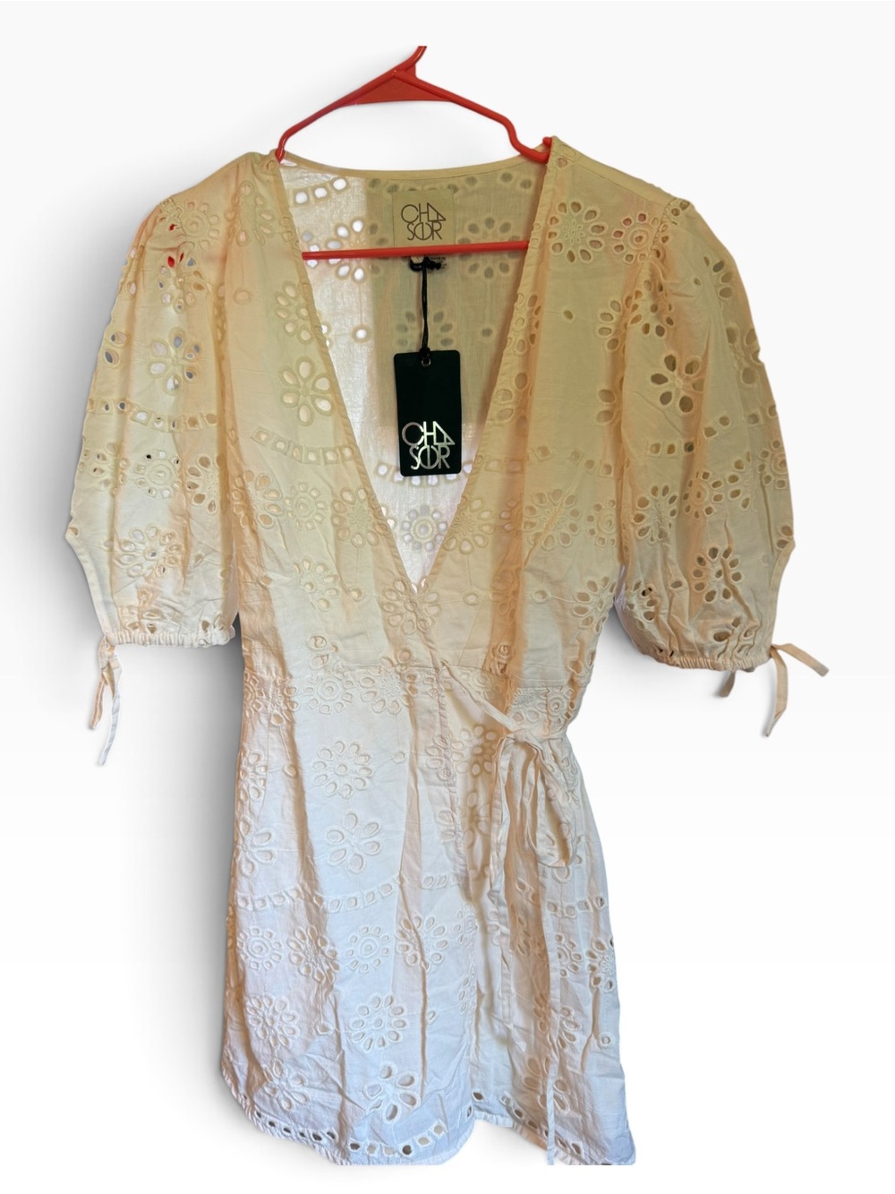 Revolve Chaser Cream Eyelet Wrap Mini Dress